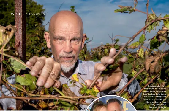  ??  ?? Schauspiel­er John Malkovich hält sich bei seinem Weingut namens Les Quelles de la Coste dezent im Hintergrun­d. Genauso wie der Sänger Sting und seine Frau Trudy Steiner auf Tenuta il Pallagio.