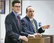  ?? RALPH BARRERA / AMERICAN-STATESMAN ?? Valor Public Schools’ Jesse Bates (left), chief operations officer, and Steve Gordon, superinten­dent, testify before the State Board of Education on Friday in seeking charter school approvals.