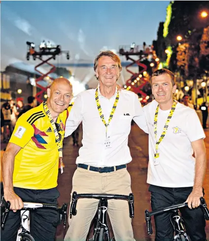  ??  ?? Winning formula: Sir David Brailsford (left) with owner Jim Ratcliffe (centre) and head of performanc­e Jim Kerrison