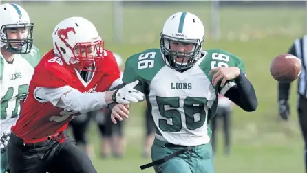  ?? CLIFFORD SKARSTEDT/THE EXAMINER ?? Adam Scott Lions' Trenton Jennings loses the ball against Crestwood Mustangs' Owen Peterson during first half Kawartha high school football junior semifinal action on Oct. 31 at Adam Scott Collegiate in Peterborou­gh.