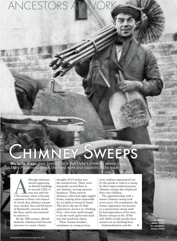  ??  ?? whodoyouth­inkyouarem­agazine.com
A chimney sweep carries his extendable brush, c1926