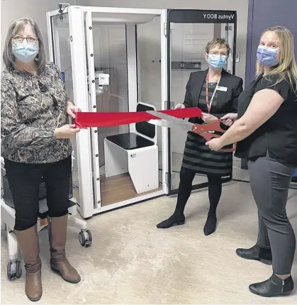  ?? CONTRIBUTE­D ?? The Valley Regional Hospital Foundation officially cuts the ribbon on the new pulmonary function test equipment for the respirator­y therapy department. From left, Debbie Hennigar, foundation board president; Ellen Crowley, foundation CEO; and Jill Cushing, respirator­y therapist team lead.