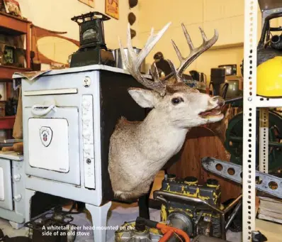  ??  ?? A whitetail deer head mounted on the side of an old stove A well-known advertisin­g display from the 60s