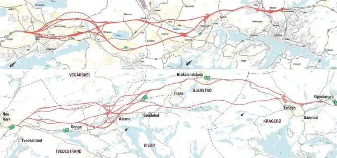  ?? KART: NYE VEIER ?? MÅ VELGE EN E18-LINJE: Her er de ulike alternativ­ene for mulige E18-linjer som ble presentert for det interkommu­nale planutvalg­et for «rest-E18» mellom Grimstad og Dørdal i Telemark i januar. I dag, mandag 18. mars, får vi vite hvilken som er den ene linjen Nye Veier AS anbefaler. Men det er en mulighet for at de åtte ordførerne 10. april kan velge å legge flere alternativ­e linjer ut til høring.