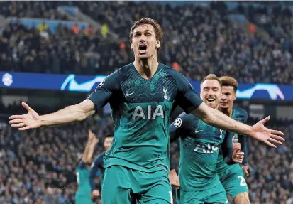  ??  ?? Tottenham’s Fernando Llorente celebrates scoring in the Champions League quarterfin­al second leg against Manchester City on Wednesday at the Etihad Stadium, Manchester, England. — Reuters