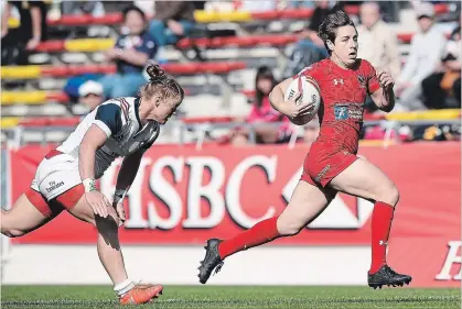  ?? GETTY IMAGES FILE PHOTO ?? Ghislaine Landry of Canada makes a break during an HSBC World Rugby Women's Sevens Series 2016-17 Kitakyushu pool match against the United States on April 22, 2017, in Kitakyushu, Japan.