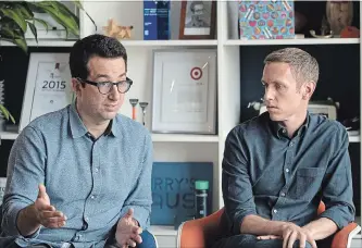  ?? MARY ALTAFFER
THE ASSOCIATED PRESS ?? Co-founders of online startup Harry’s Inc., Jeff Raider, left, and Andy Katz-Mayfield, are looking to expand business. Raider has taken on the role of CEO of Harry’s Labs, overseeing the developmen­t of new brands.