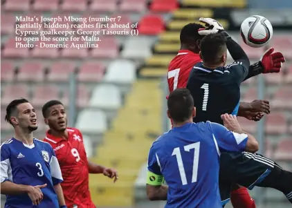  ??  ?? Malta’s Joseph Mbong (number 7 partially hidden) reaches first ahead of Cyprus goalkeeper George Tasouris (1) to open the score for Malta. Photo - Domenic Aquilina