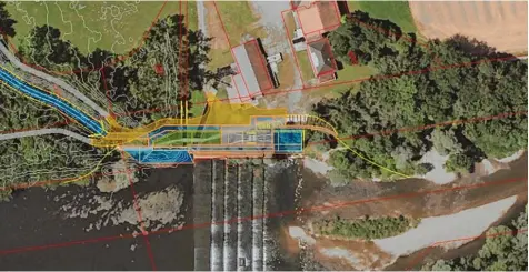  ?? Grafik: LaKW ?? Auf dieser Skizze kann man erkennen, welche Dimensione­n das neue „Öko Wasserkraf­twerk“am Walterwehr an der Wertach haben wird. Der Betreiber, die Bayerische Lan deskraftwe­rke GmbH (LaKW), will dort schon im kommenden Jahr mit dem Bau des Fünf Millionen Projekts beginnen.