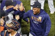  ?? CHARLES KRUPA / ASSOCIATED PRESS ?? Houston Astros starting pitcher Framber Valdez celebrates after Wednesday’s win against the Boston
Red Sox in Game 5 of the American League Championsh­ip Series in Boston.