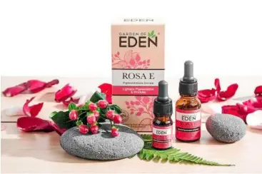  ??  ?? Rosa E Pigmentati­on and Wrinkle Serum from Garden of Eden helps to lighten discoloura­tion and improve skin tone and lines.