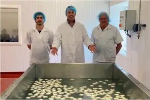  ??  ?? Above right: The mozzarella team (l-r): head cheese maker Juan Vicente Reggeti, managing director Steve Mitchell and cheese consultant Jim Ritchie.