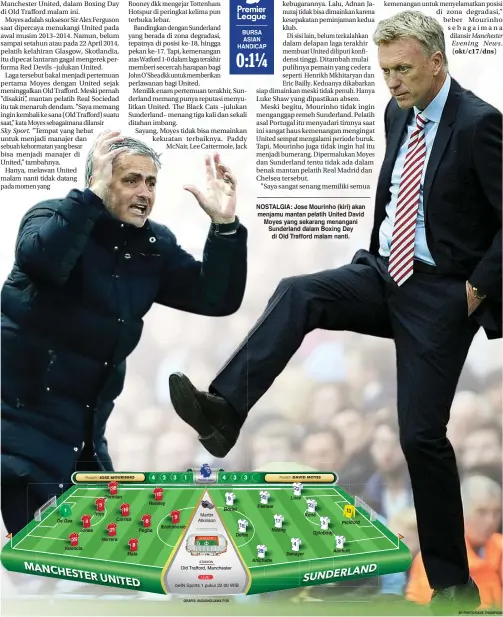  ?? Manchester Evening News. ( okt/c17/dns) AP PHOTO/DAVE THOMPSON ?? NOSTALGIA: Jose Mourinho (kiri) akan menjamu mantan pelatih United David Moyes yang sekarang menangani Sunderland dalam Boxing Day di Old Trafford malam nanti.