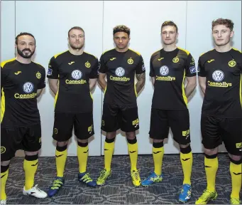  ??  ?? Sligo Rovers players Raffaele Cretaro, Craig Roddan, Tobi Adebayo- Rowling, Mick Leahy and Kieran Sadlier all model the new away kit for 2017, launched at the Clayton Hotel last Thursday evening. Pic: Donal Hackett.