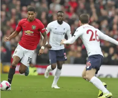  ?? Photo: Evening Standard ?? Manchester United’s Marcus Rashford in action against Liverpool during their English Premier League match at Old Trafford, Manchester, England on October 21, 2019.