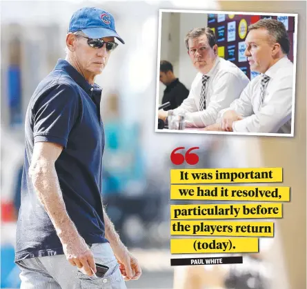  ?? ALL OVER: Brisbane Broncos coach Wayne Bennett pictured at Southbank, Brisbane, yesterday and ( inset) Brisbane Broncos CEO Paul White ( right) and Broncos chairman Karl Morris at yesterday’s press conference. ??