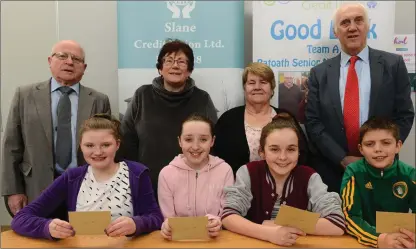  ??  ?? Allanah Carroll, Rachel Downey, Aoife Lynch , Eathon Hardy, St Patricks National School Slane, Winners Section B , Back Tommy Weir, Drogheda Credit Union, Eileen Hogan and Anne Griffin Slane Credit Union with Bernard Clarke Ratoath Credit Union at the...