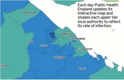  ??  ?? Each day Public Health England updates its interactiv­e map and shades each upper tier local authority to reflect its rate of infection.