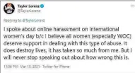 ?? Twitter ?? A tweet by Taylor Lorenz drew strong reactions, including harassing comments.