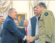  ?? AFP ?? Rex Tillerson (left) meets Pakistan Army chief Gen Qamar Bajwa (right) and PM Shahid Khaqan Abbasi (second from right).
