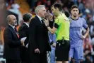  ?? Miguel Fernández/NurPhoto/Shuttersto­ck ?? Carlo Ancelotti and the referee, Ricardo de Burgos Bengoetxea. Photograph: José