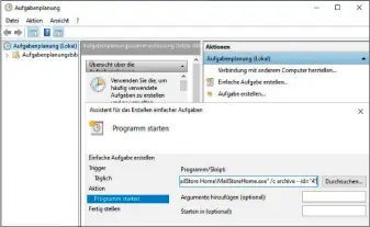  ??  ?? Zwar fehlt in Mailstore Home ein Zeitplaner zum Automatisi­eren der Mail-backups, doch die Funktion lässt sich über den Windows-aufgabenpl­aner mit wenigen Mausklicks einrichten.