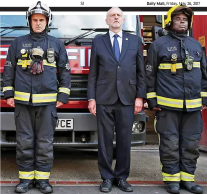  ??  ?? Jeremy Corbyn observes yesterday’s minute of silence at Islington Fire Station in London