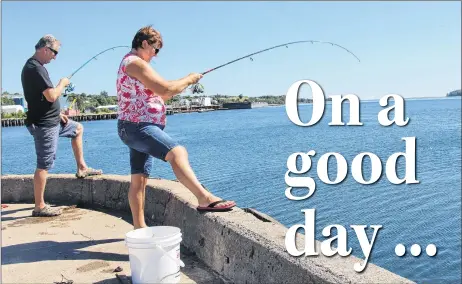  ?? SUEANN MUSICK/THE NEWS ?? Wayne and Kathy LaPierre of Mount Thom cast their lines into Pictou Harbour in hopes of bringing up some mackerel.