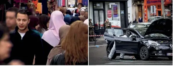  ??  ?? Août 2014. Salah Abdeslam à Bruxelles, sur le marché de Molenbeek. 17 novembre 2015 : la Clio louée par Abdeslam est retrouvée dans Paris (18e).