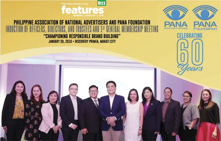  ?? Photos by BENING BATUIGAS ?? The 2018 officers and board of directors of the Philippine Associatio­n of National Advertiser­s (PANA) with inducting official Senate Committee on Trade, Commerce and Entreprene­urship chairperso­n Sen. Juan Miguel Zubiri during their induction ceremony...