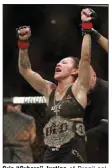  ?? (AP/John Locher) ?? Cris “Cyborg” Justino of Brazil celebrates after defeating Holly Holm during a 2017 featherwei­ght championsh­ip bout in Las Vegas Justino is making her profession­al boxing debut today in her hometown of Curitiba, Brazil.