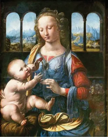  ?? Foto: Bayerische Staatsgemä­ldesammlun­gen ?? Viel Baby-Speck statt Feinmotori­k: Leonardo da Vincis „Madonna mit der Nelke“aus der Alten Pinakothek Münchens. Entstanden um 1475, als Leonardo noch in der Werkstatt seines Lehrmeiste­rs Verrocchio tätig war.