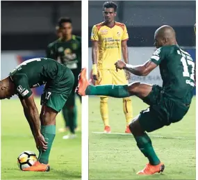  ?? FOTO-FOTO: ANGGER BONDAN/JAWA POS ?? BUKAN ALGOJO UTAMA: Dari kiri, rangkaian aksi David da Silva saat mengekseku­si penalti Persebaya ke gawang Sriwijaya.