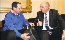  ?? Richard Drew / Associated Press ?? Duke basketball coach Mike Krzyzewski, left, talks with Associated Press college basketball writer Jim O'Connell before Krzyzewski was presented the Lapchick Character Award in 2015.