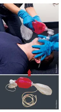  ??  ?? BOTTOM LEFT (FACING PAGE) Make sure the oronasal mask is properly cleaned and the oneway valves are replace BOTTOM RIGHT (FACING PAGE) Be sure to tighten the mask’s elastic strap and adjust the nosepiece for mask efficiency TOP LEF (FACING PAGE) Position your hands correctly to help maintain a proper seal BOTTOM LEFT Bag valve masks have flexible tubing that connects to continous flow outlets of oxygen units TOP RIGHT (FACING PAGE) Disposable, single-use, non-rebreather masks have an attached reservoir bag that captures flow of oxygen TOP LEFT One rescuer makes sure the mask is sealed and diver’s airway is open while the other must squeeze the bulb to deliver ventilatio­n