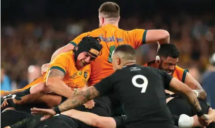  ?? Photograph: Kelly Defina/Getty Images ?? The Wallabies ‘represent our country wearing a jersey emblazoned with a fossil fuel company’s name’, the Australian Conservati­on Foundation says.