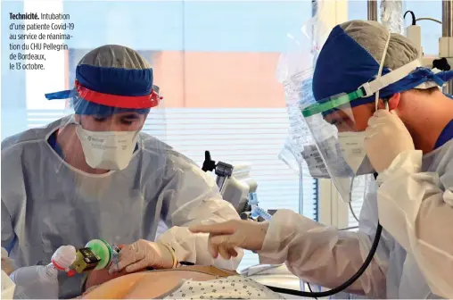  ??  ?? Technicité. Intubation d’une patiente Covid-19 au service de réanimatio­n du CHU Pellegrin de Bordeaux, le 13 octobre.