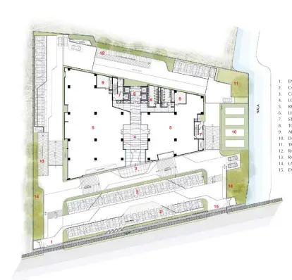  ??  ?? 1. ENTRY GATE
2. CAR PARK
3. CANOPY
4. LOBBY
5. RETAIL STORE
6. LIFT LOBBY
7. STAIRWELL
8. TOILET
9. AHU ROOM
10. DG YARD
11. TRANSFORME­R YARD
12. RAMP - FROM UPPER BASEMENT 13. RAMP - TO UPPER BASEMENT
14. LANDSCAPE
15. EXIT