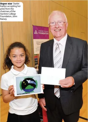  ??  ?? Super star Starlet Kaitlyn accepting her prize from the chairman of the Ayrshire College Foundation, John Rainey