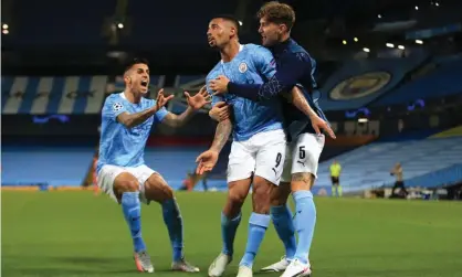  ??  ?? Gabriel Jesus is mobbed by teammates after scoring against Real Madrid at the Etihad Stadium. Photograph: Simon Stacpoole/Offside/ Getty Images