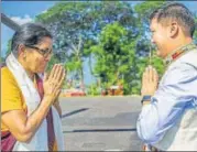  ?? PTI ?? Defence minister Nirmala Sitharaman being welcomed by Arunachal chief minister Pema Khandu, as she arrives in Arunachal Pradesh capital Itanagar to deliver a talk on ‘Towards Bridging the Indochina Relationsh­ip for an Emerging Asia’, as part of the 7th Late Rutum Kango Memorial Lecture on Sunday.