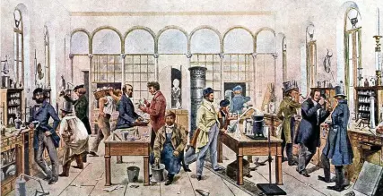  ?? ?? Nineteenth century German illustrati­on of Justus von Liebig’s laboratory in Giessen, near Frankfurt. Thomas Proctor was friendly with the German chemist and kept up with the latest scientific developmen­ts in fertiliser­s. One of Liebig’s sons came to Proctor’s firm on what we would nowadays call work experience