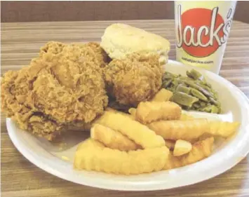  ?? PHOTO BY CINDY DEIFENDERF­ER ?? At Jack’s Family Restaurant, the chicken and biscuits plate includes a breast, wing and drumstick, two sides, a biscuit and a drink for a reasonable $6.79.