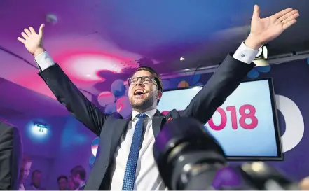  ?? MIKAEL SJOBERG/BLOOMBERG ?? Festa. Líder que foi central na ascensão do partido Democratas Suecos comemora resultado eleitoral inédito da legenda