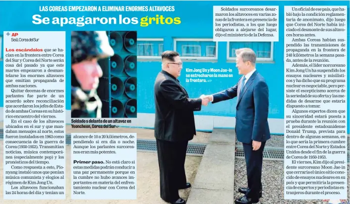  ?? AFP ?? Kim Jong Un y Moon Jae-in se estrecharo­n la mano en la frontera.