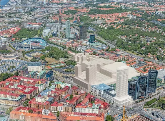  ?? SKISSER: GÖTEBORGS STAD ?? Bilderna är Göteborgs kommuns arbetsmate­rial. Det höga huset längst fram i den nya bebyggelse­n är Gothia Towers fjärde torn, som skickades ut för granskning när stadsbyggn­adsnämnden sammanträd­de senast.