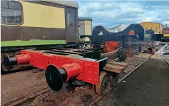  ?? PAUL PERTON ?? The frames of new-build GWR 47XX 2-8-0 No. 4709 on accommodat­ion bogies following delivery to Tyseley, showing the front extension frames which will be removed for the fitting of the cylinders.