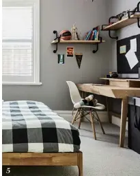  ?? ?? 5. In Ben’s room, a ‘No Nails’ pinboard from Pottery Barn Kids above a Karpenter ‘Soho’ desk (try Elysium Home).
5