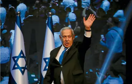  ?? AP ?? Israeli Prime Minister Benjamin Netanyahu addressees his supporters at party headquarte­rs after elections in Tel Aviv, Israel.