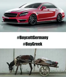  ??  ?? Consigli L’ironia pro Atene: non comprare automobili tedesche ma utilizzare un carretto greco